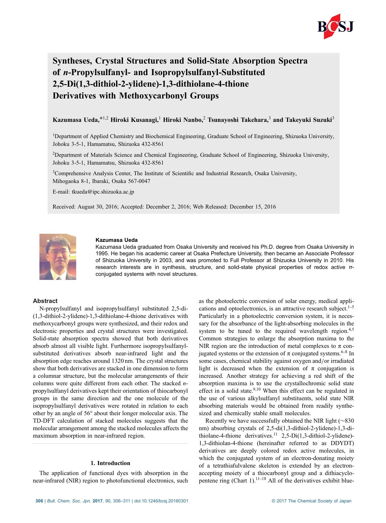 Syntheses, Crystal Structures and Solid-State Absorption Spectra of n-Propylsulfanyl- and Isopropylsulfanyl-Substituted 2,5-Di(1,3-dithiol-2-ylidene)-1,3-dithiolane-4-thione Deriva by Unknown