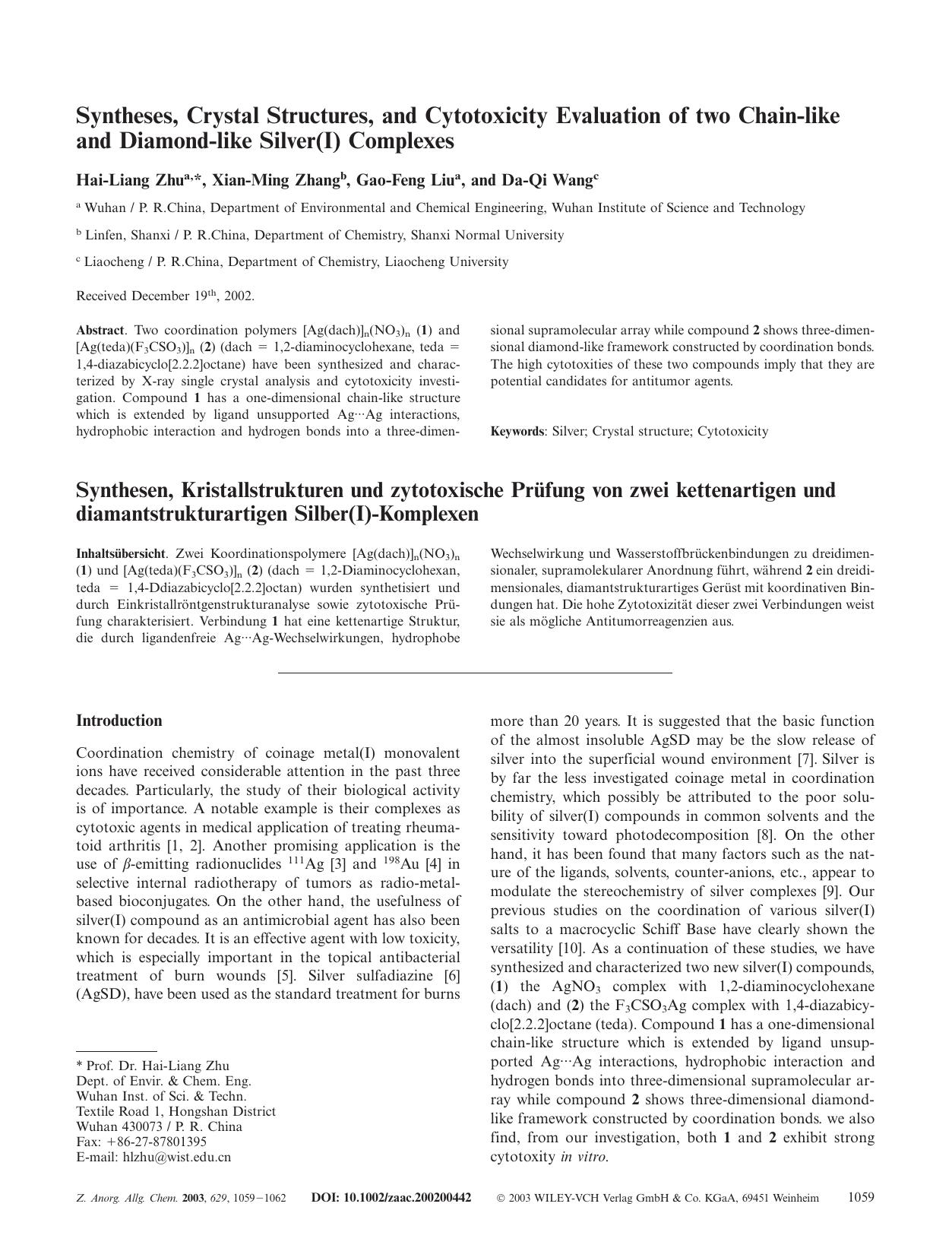 Syntheses, Crystal Structures, and Cytotoxicity Evaluation of two Chain-like and Diamond-like Silver(I) Complexes by Unknown