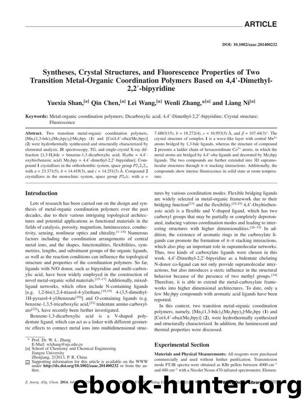 Syntheses, Crystal Structures, and Fluorescence Properties of Two Transition MetalOrganic Coordination Polymers Based on 4,4Dimethyl2,2bipyridine by Unknown