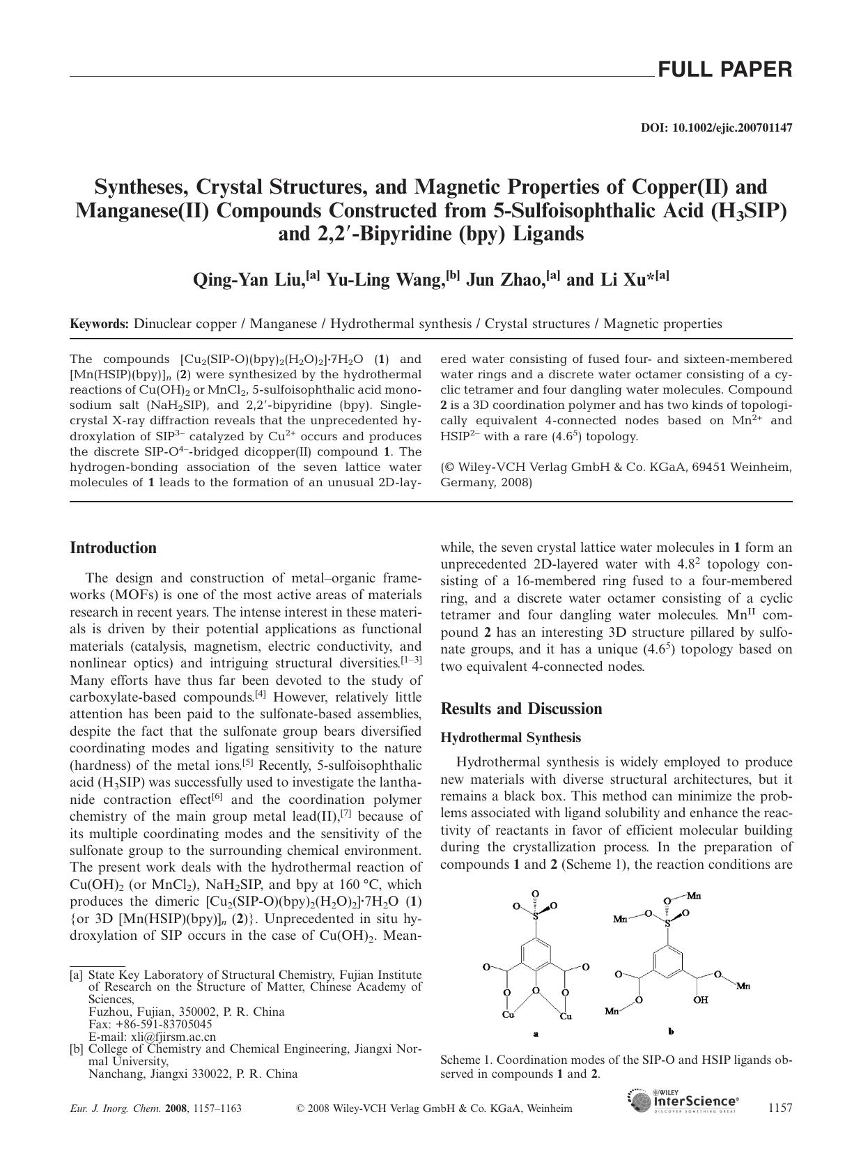 Syntheses, Crystal Structures, and Magnetic Properties of Copper(II) and Manganese(II) Compounds Constructed from 5-Sulfoisophthalic Acid (H3SIP) and 2,2[prime]-Bipyridine (bpy) Ligands by Unknown