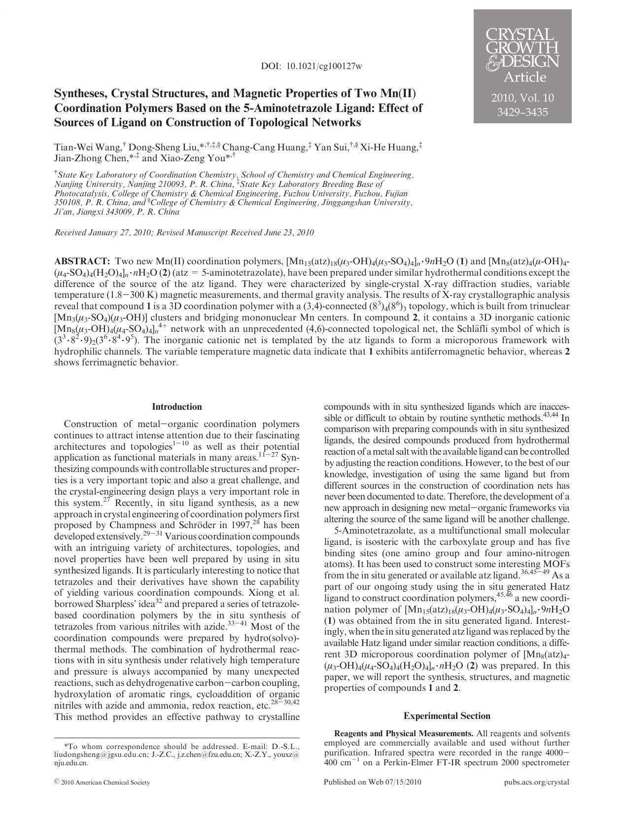 Syntheses, Crystal Structures, and Magnetic Properties of Two Mn(II) Coordination Polymers Based on the 5-Aminotetrazole Ligand: Effect of Sources of Ligand on Construction of Topological Networks by Unknown