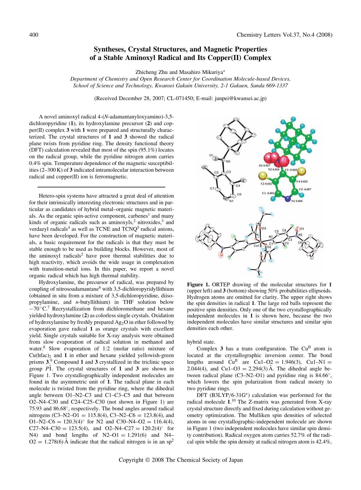 Syntheses, Crystal Structures, and Magnetic Properties of a Stable Aminoxyl Radical and Its Copper(II) Complex by Zhicheng Zhu and Masahiro Mikuriya