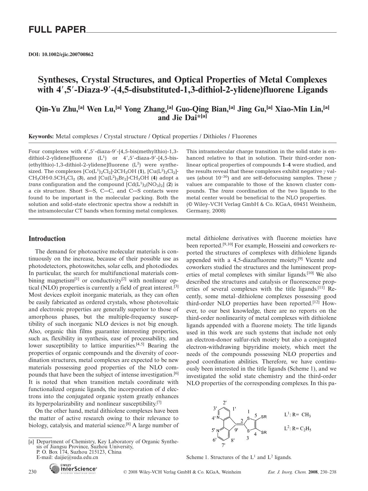 Syntheses, Crystal Structures, and Optical Properties of Metal Complexes with 4[prime],5[prime]-Diaza-9[prime]-(4,5-disubstituted-1,3-dithiol-2-ylidene)fluorene Ligands by Unknown