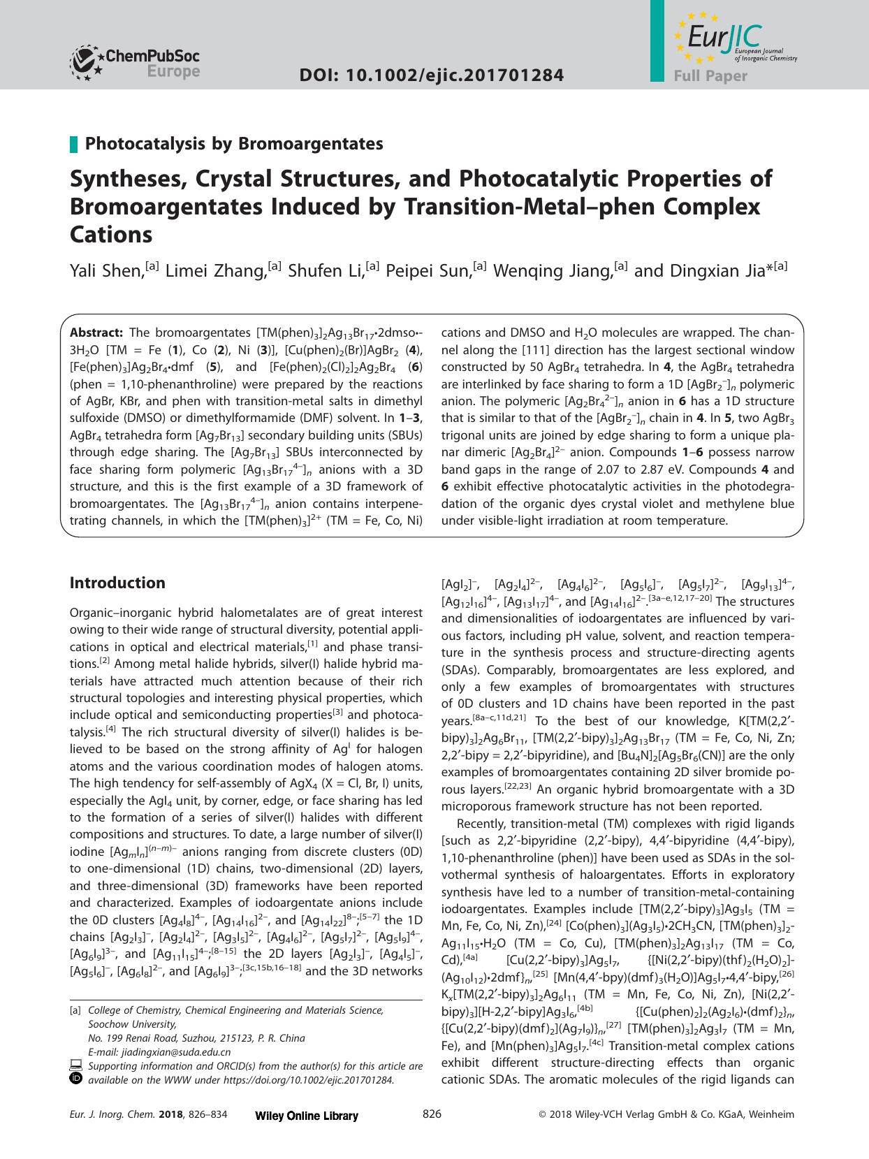 Syntheses, Crystal Structures, and Photocatalytic Properties of Bromoargentates Induced by Transition‐Metal–phen Complex Cations by Unknown