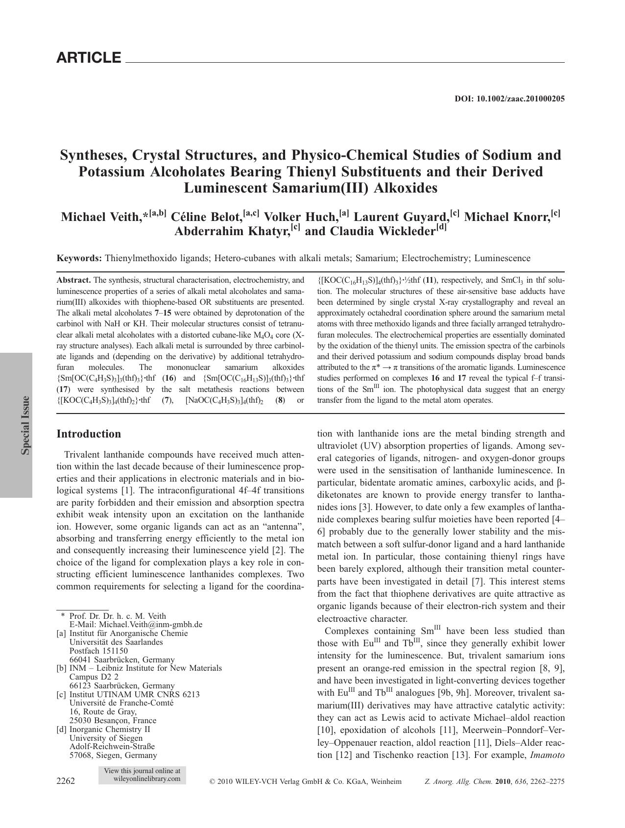 Syntheses, Crystal Structures, and PhysicoChemical Studies of Sodium and Potassium Alcoholates Bearing Thienyl Substituents and their Derived Luminescent Samarium(III) Alkoxides by Unknown
