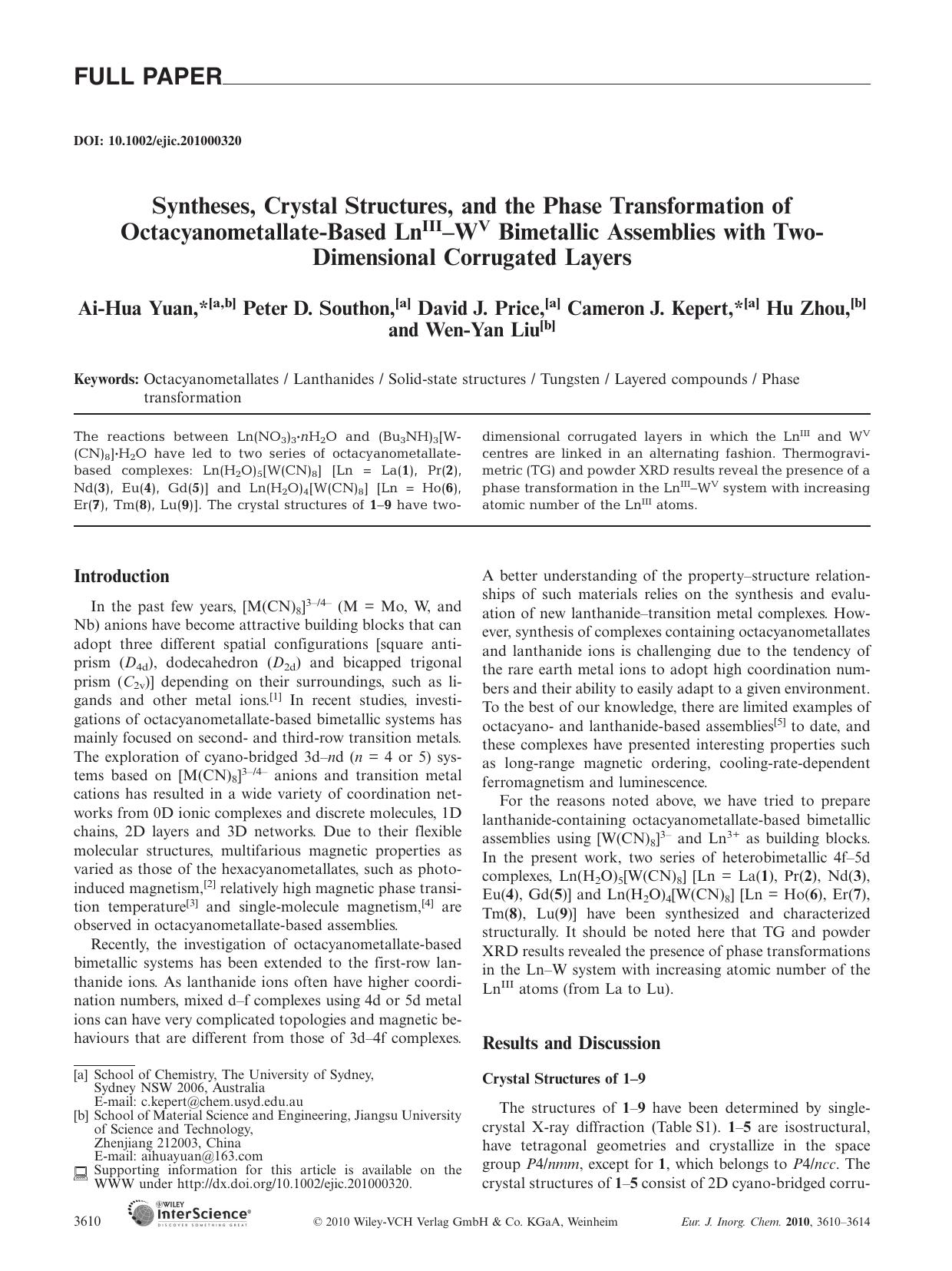 Syntheses, Crystal Structures, and the Phase Transformation of Octacyanometallate-Based LnIII-WV Bimetallic Assemblies with Two-Dimensional Corrugated Layers by Unknown