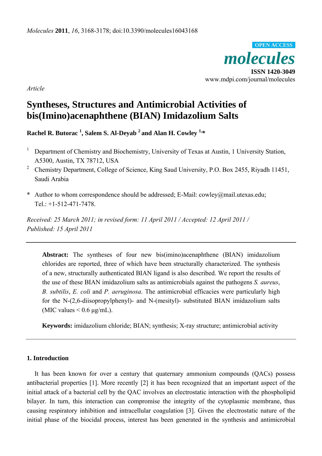 Syntheses, Structures and Antimicrobial Activities of bis(Imino)acenaphthene (BIAN) Imidazolium Salts by Rachel R. Butorac & Salem S. Al-Deyab & Alan H. Cowley