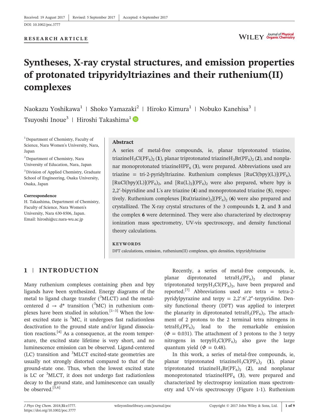 Syntheses, Xâray crystal structures, and emission properties of protonated tripyridyltriazines and their ruthenium(II) complexes by Naokazu Yoshikawa Shoko Yamazaki Hiroko Kimura Nobuko Kanehisa Tsuyoshi Inoue Hiroshi Takashima