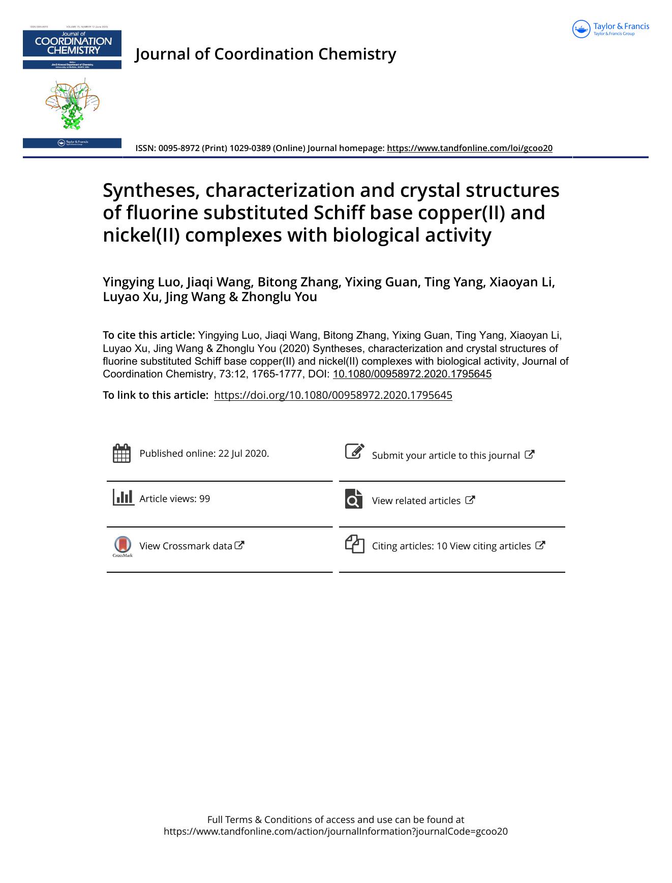 Syntheses, characterization and crystal structures of fluorine substituted Schiff base copper(II) and nickel(II) complexes with biological activity by unknow