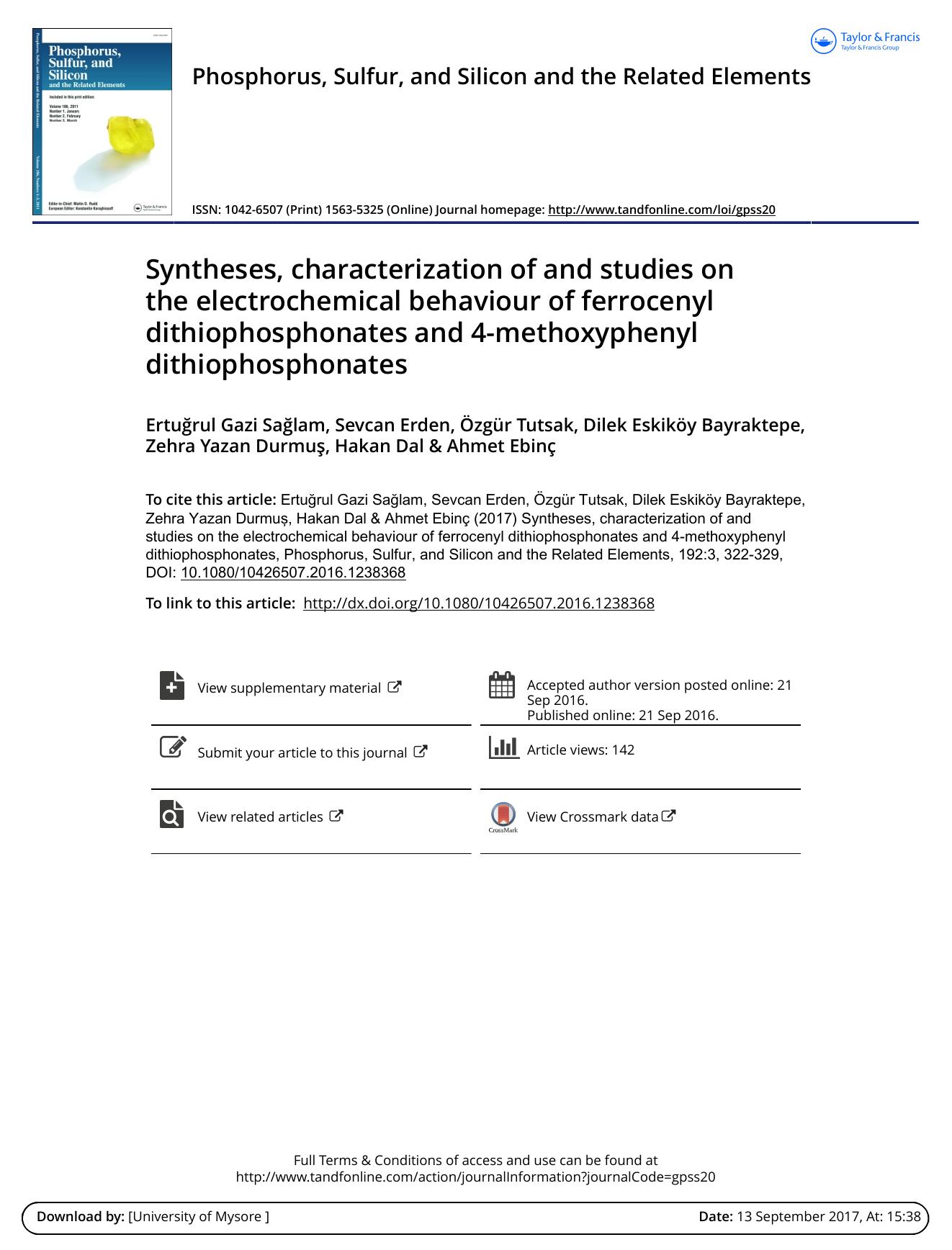 Syntheses, characterization of and studies on the electrochemical behaviour of ferrocenyl dithiophosphonates and 4-methoxyphenyl dithiophosphonates by unknow