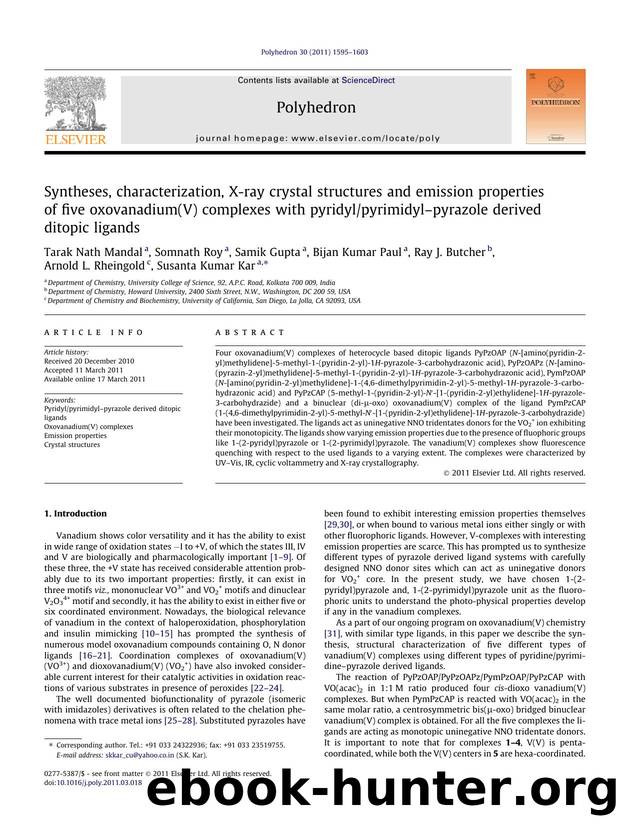 Syntheses, characterization, X-ray crystal structures and emission properties of five oxovanadium(V) complexes with pyridylpyrimidylÃ¢â¬âpyrazole derived ditopic ligands by unknow