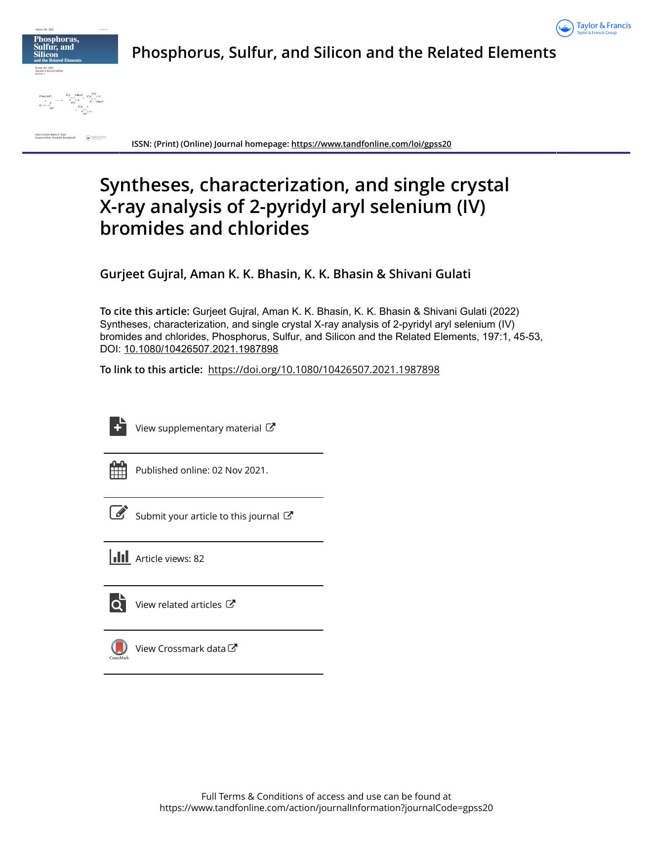 Syntheses, characterization, and single crystal X-ray analysis of 2-pyridyl aryl selenium (IV) bromides and chlorides by Gujral Gurjeet & Bhasin Aman K. K. & Bhasin K. K. & Gulati Shivani