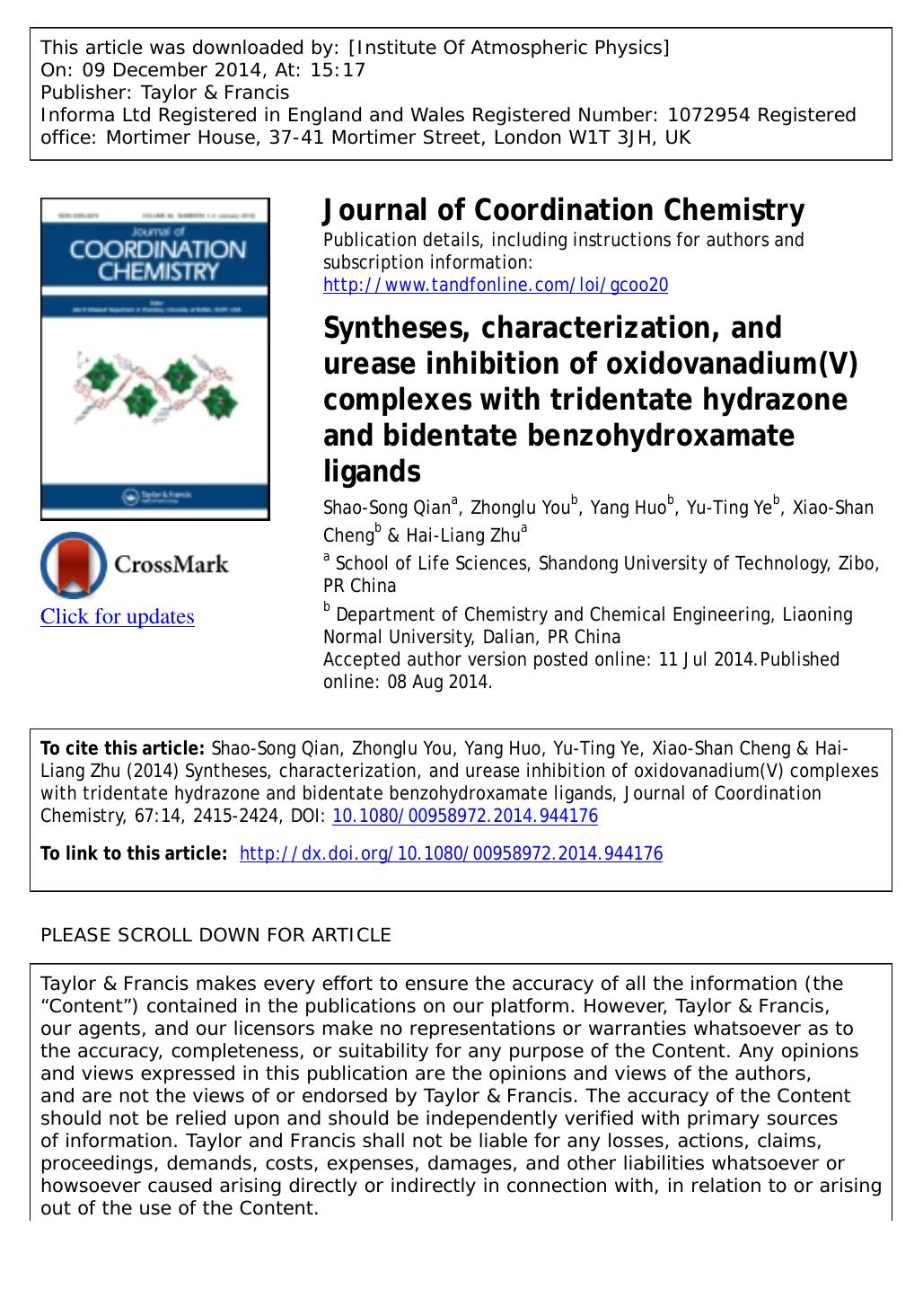 Syntheses, characterization, and urease inhibition of oxidovanadium(V) complexes with tridentate hydrazone and bidentate benzohydroxamate ligands by Shao-Song Qian