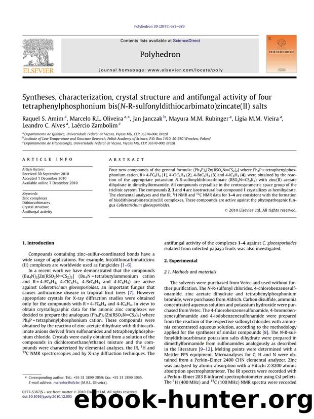 Syntheses, characterization, crystal structure and antifungal activity of four tetraphenylphosphonium bis(N-R-sulfonyldithiocarbimato)zincate(II) salts by unknow