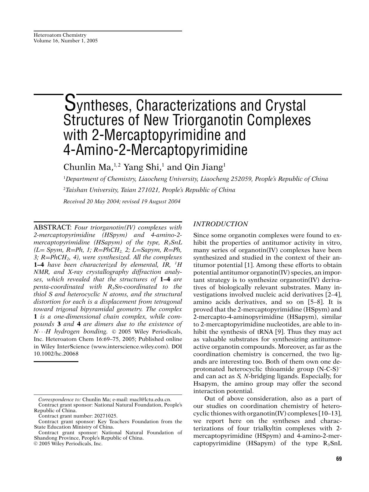 Syntheses, characterizations and crystal structures of new triorganotin complexes with 2-mercaptopyrimidine and 4-amino-2-mercaptopyrimidine by gnm
