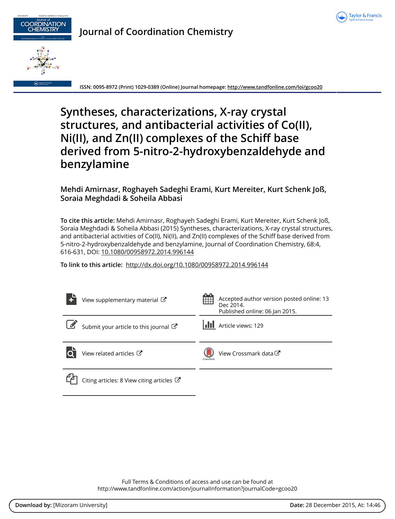 Syntheses, characterizations, X-ray crystal structures, and antibacterial activities of Co(II), Ni(II), and Zn(II) complexes of the Schiff base derived from 5-nitro-2-hydroxybenzal by Mehdi Amirnasr
