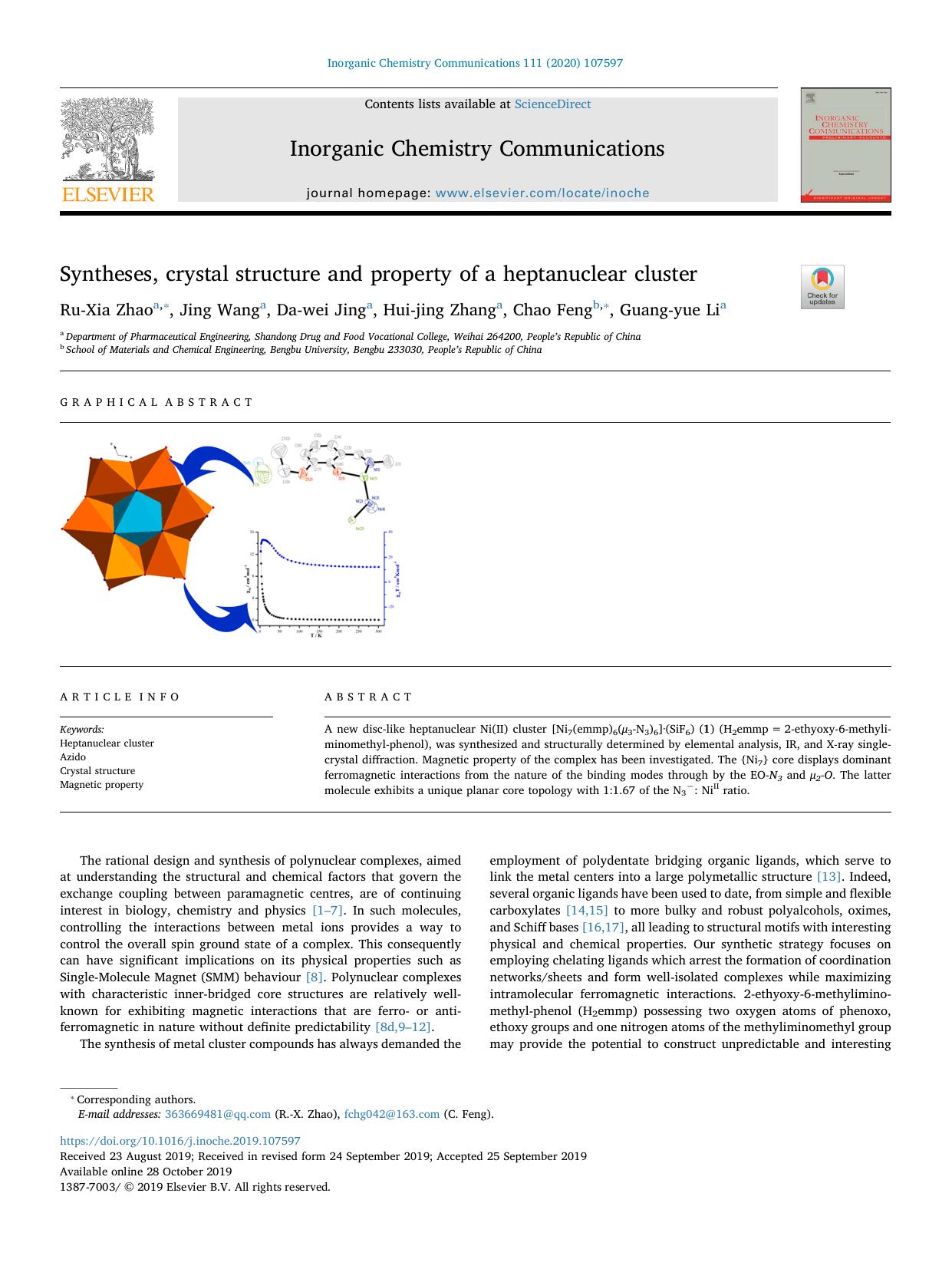 Syntheses, crystal structure and property of a heptanuclear cluster by Ru-Xia Zhao & Jing Wang & Da-wei Jing & Hui-jing Zhang & Chao Feng & Guang-yue Li