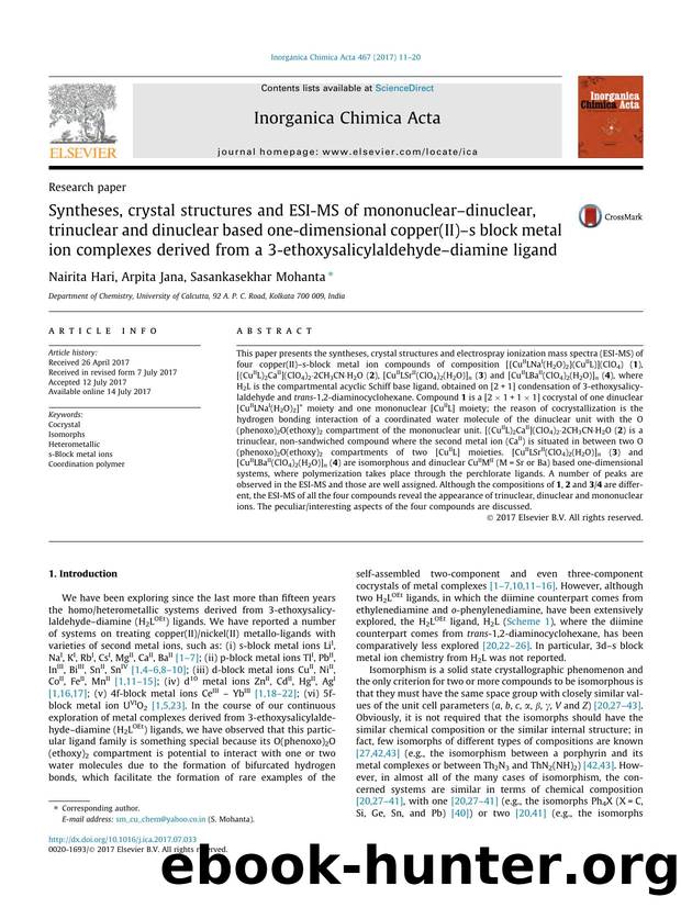 Syntheses, crystal structures and ESI-MS of mononuclearÃ¢â¬âdinuclear, trinuclear and dinuclear based one-dimensional copper(II)Ã¢â¬âs block metal ion complexes derived from  by Nairita Hari & Arpita Jana & Sasankasekhar Mohanta