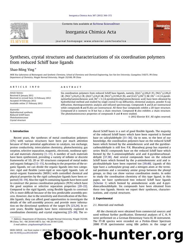 Syntheses, crystal structures and characterizations of six coordination polymers from reduced Schiff base ligands by Shao-Ming Ying