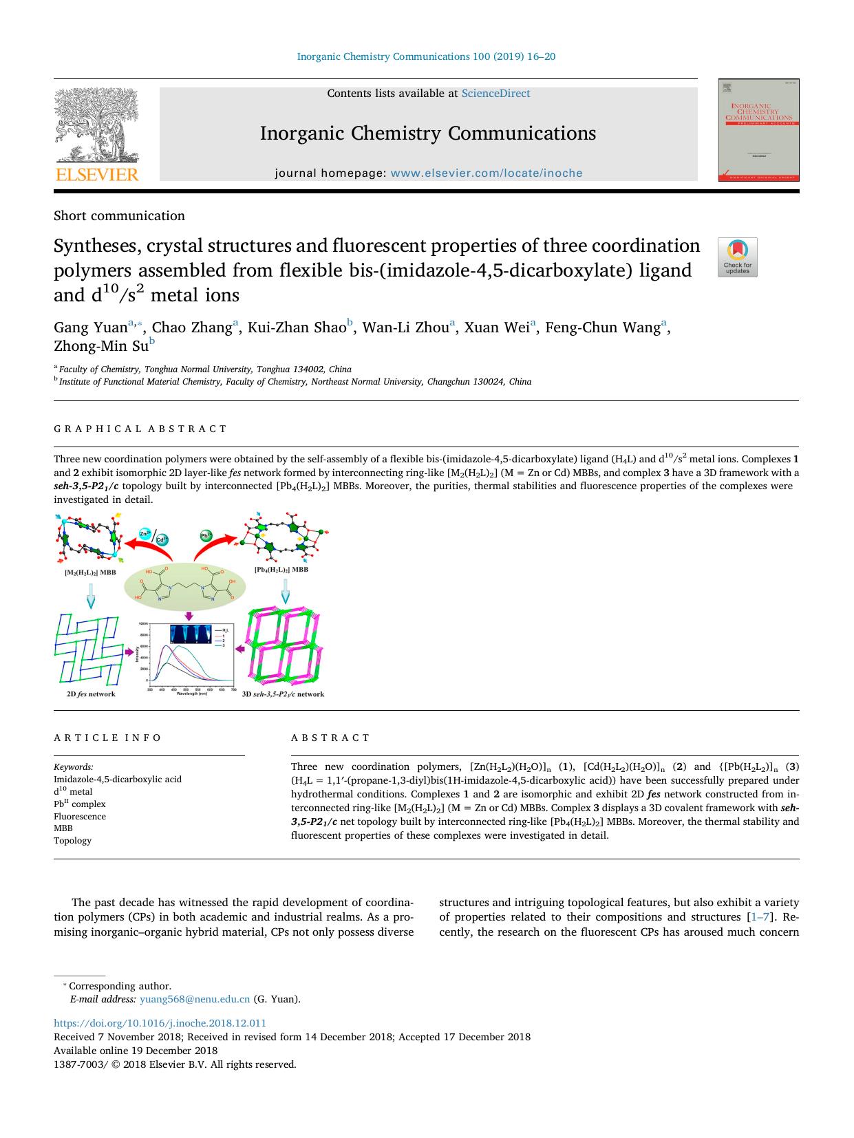 Syntheses, crystal structures and fluorescent properties of three coordination polymers assembled from flexible bis-(imidazole-4,5-dicarboxylate) ligand and d10s2 metal ions by Gang Yuan