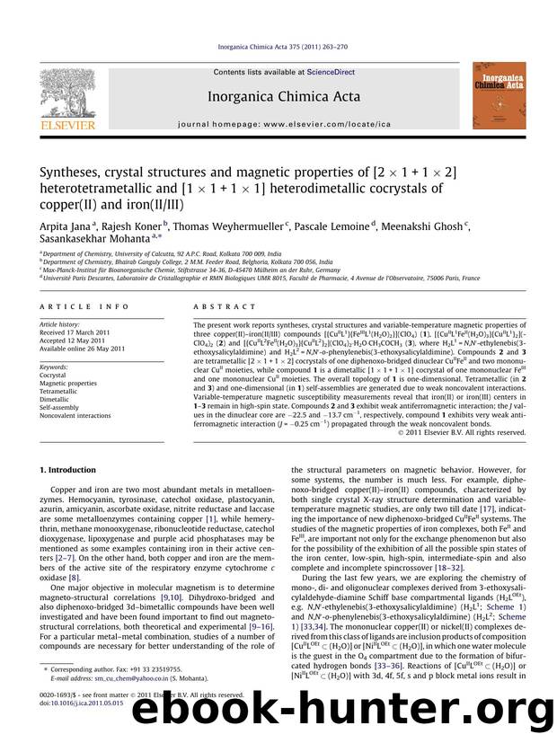 Syntheses, crystal structures and magnetic properties of [2Ãâ1+1Ãâ2] heterotetrametallic and [1Ãâ1+1Ãâ1] heterodimetallic cocrystals of copper(II) and iron(IIIII) by unknow