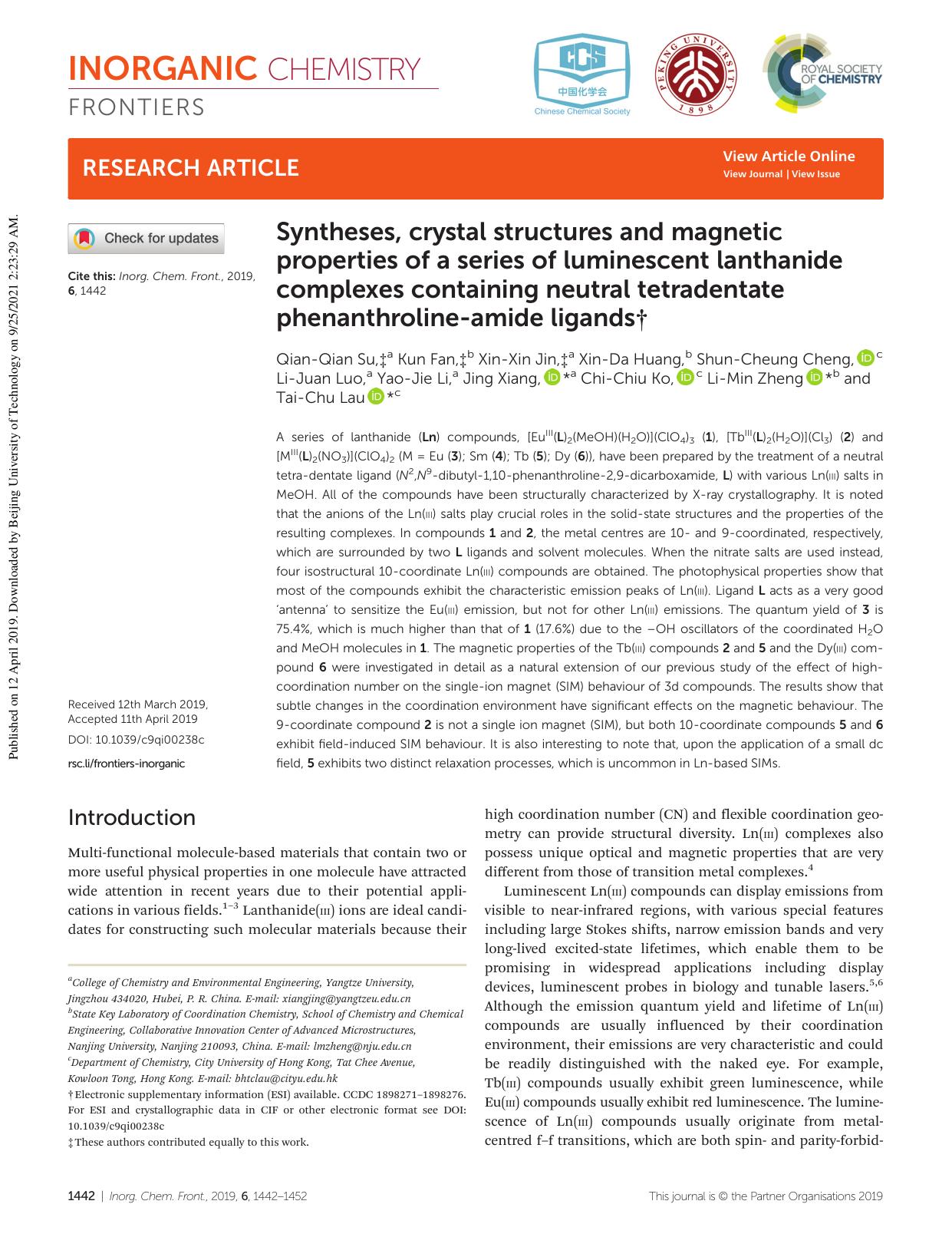 Syntheses, crystal structures and magnetic properties of a series of luminescent lanthanide complexes containing neutral tetradentate phenanthroline-amide ligands by unknow