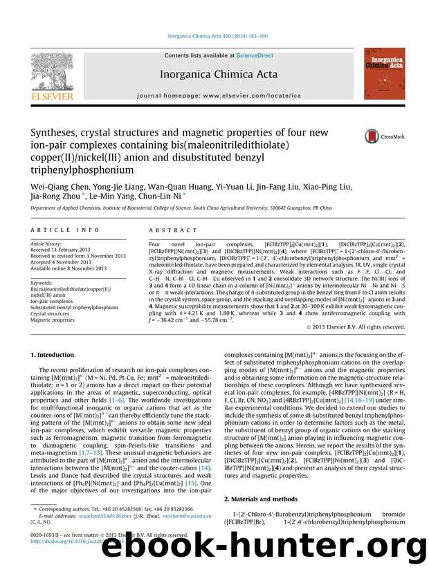 Syntheses, crystal structures and magnetic properties of four new ion-pair complexes containing bis(maleonitriledithiolate)copper(II)nickel(III) anion and disubstituted benzyl triphenylphosphonium by unknow