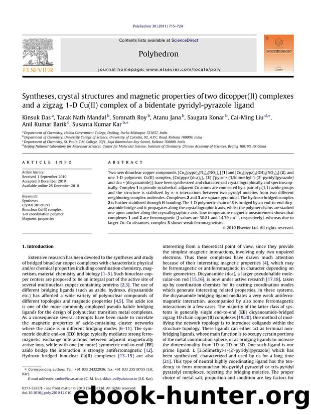 Syntheses, crystal structures and magnetic properties of two dicopper(II) complexes and a zigzag 1-D Cu(II) complex of a bidentate pyridyl-pyrazole ligand by unknow
