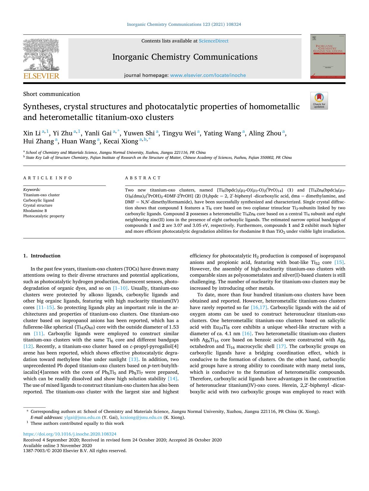 Syntheses, crystal structures and photocatalytic properties of homometallic and heterometallic titanium-oxo clusters by Xin Li