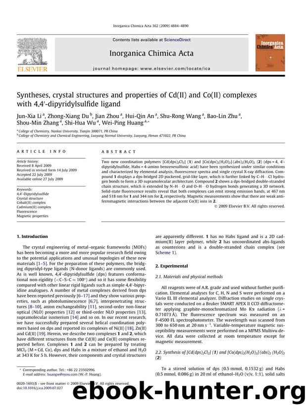 Syntheses, crystal structures and properties of Cd(II) and Co(II) complexes with 4,4â²-dipyridylsulfide ligand by unknow