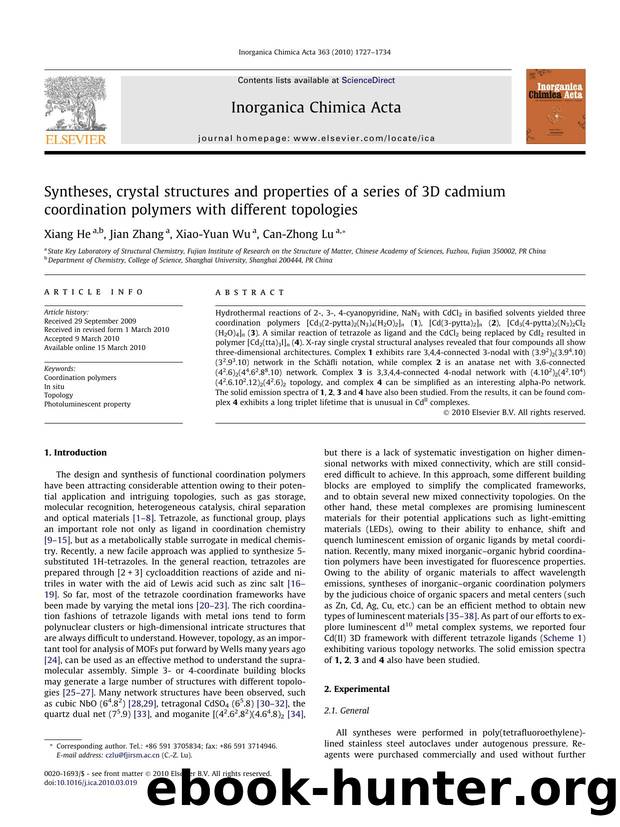 Syntheses, crystal structures and properties of a series of 3D cadmium coordination polymers with different topologies by Xiang He; Jian Zhang; Xiao-Yuan Wu; Can-Zhong Lu