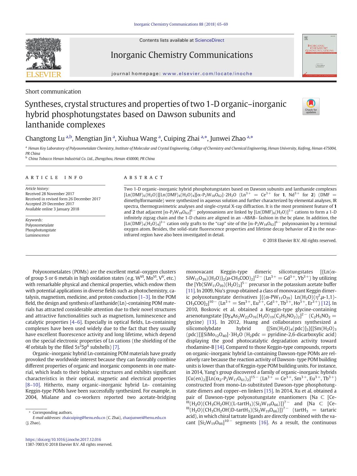 Syntheses, crystal structures and properties of two 1-D organic-inorganic hybrid phosphotungstates based on Dawson subunits and lanthanide complexes by Unknown