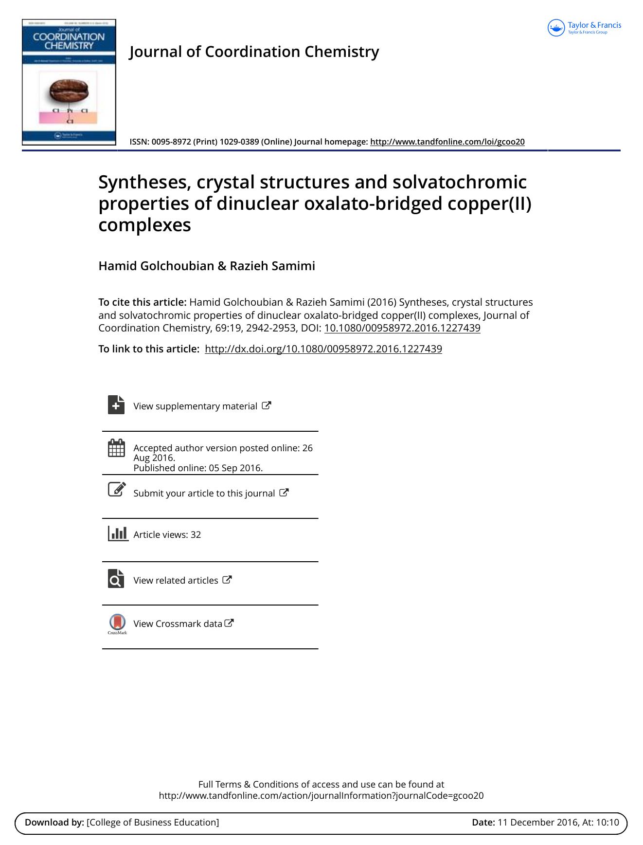 Syntheses, crystal structures and solvatochromic properties of dinuclear oxalato-bridged copper(II) complexes by Hamid Golchoubian & Razieh Samimi