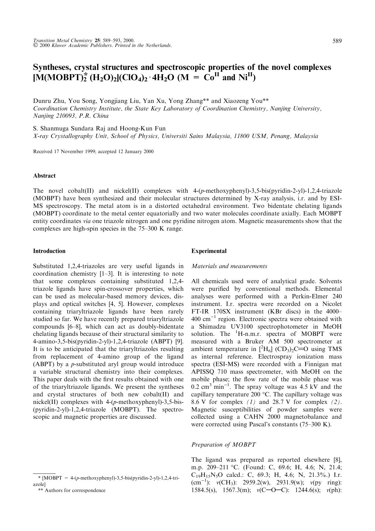 Syntheses, crystal structures and spectroscopic properties of the novel complexes [M(MOBPT)*2 (H2O)2](ClO4)2 · 4H2O (M = CoII and NiII) by Unknown