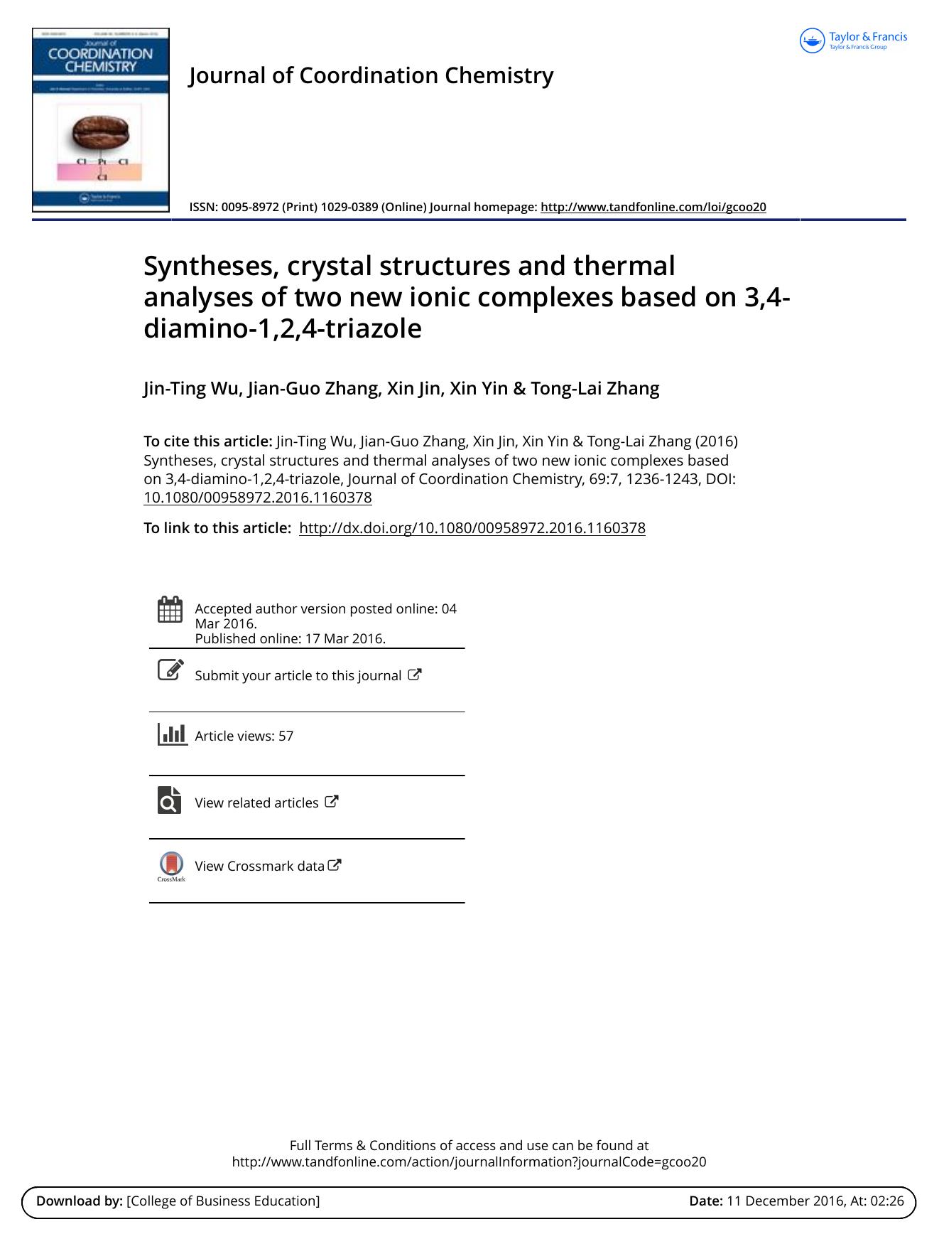Syntheses, crystal structures and thermal analyses of two new ionic complexes based on 3,4-diamino-1,2,4-triazole by Jin-Ting Wu & Jian-Guo Zhang & Xin Jin & Xin Yin & Tong-Lai Zhang