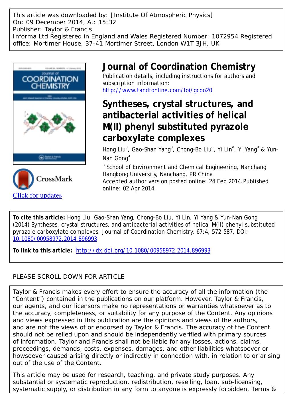 Syntheses, crystal structures, and antibacterial activities of helical M(II) phenyl substituted pyrazole carboxylate complexes by Hong Liu