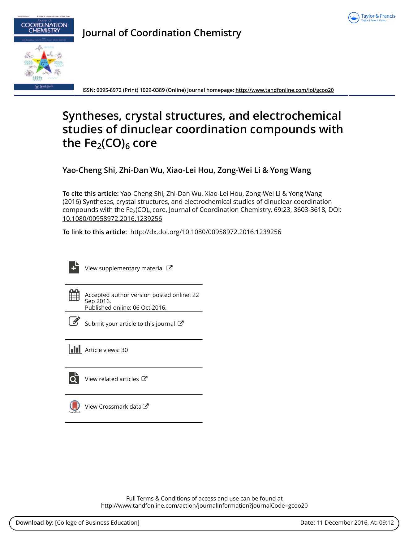 Syntheses, crystal structures, and electrochemical studies of dinuclear coordination compounds with the Fe2(CO)6 core by Yao-Cheng Shi & Zhi-Dan Wu & Xiao-Lei Hou & Zong-Wei Li & Yong Wang