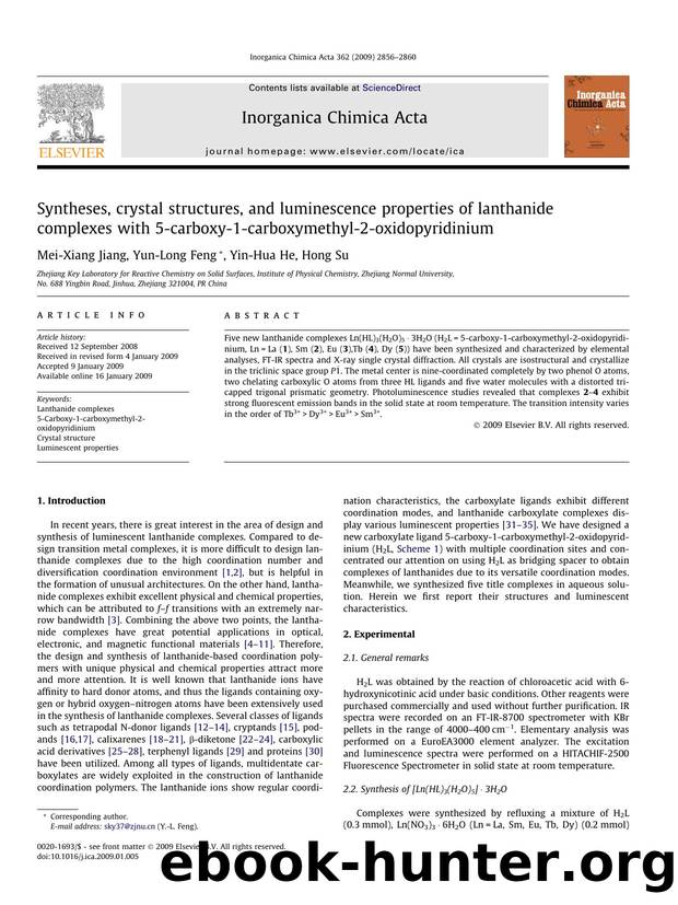 Syntheses, crystal structures, and luminescence properties of lanthanide complexes with 5-carboxy-1-carboxymethyl-2-oxidopyridinium by Mei-Xiang Jiang; Yun-Long Feng; Yin-Hua He; Hong Su