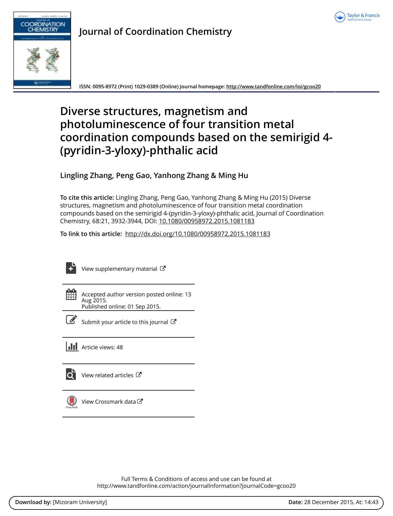 Syntheses, crystal structures, and luminescent properties of three metal coordination polymers based on adipic acid and 2-(pyridine-3-yl)-(1H)-benzimidazole by Cui-Cui Wang