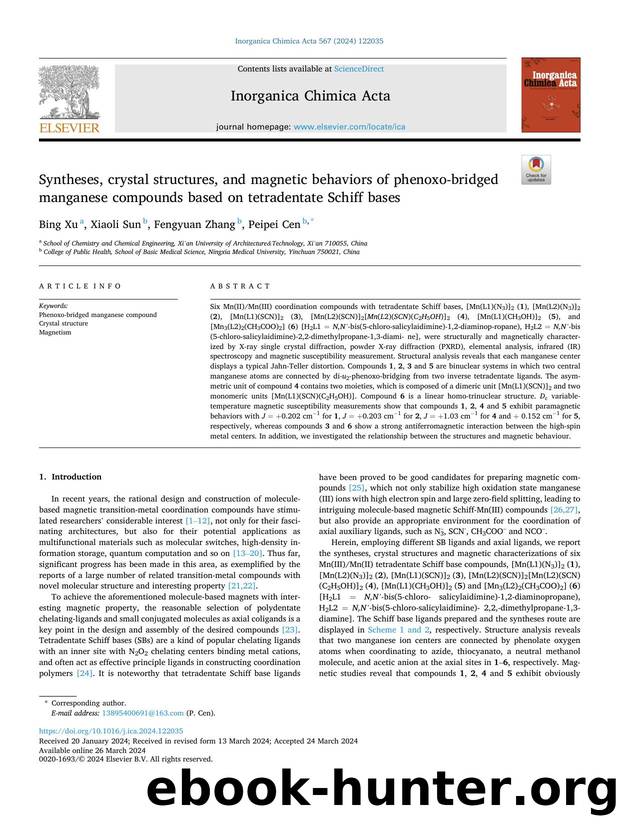Syntheses, crystal structures, and magnetic behaviors of phenoxo-bridged manganese compounds based on tetradentate Schiff bases by Bing Xu & Xiaoli Sun & Fengyuan Zhang & Peipei Cen
