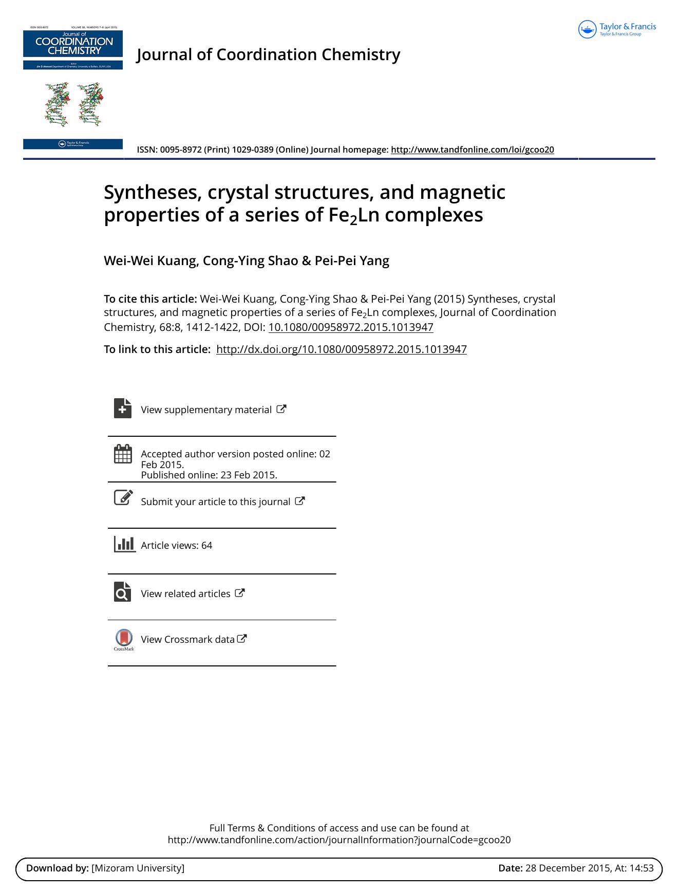 Syntheses, crystal structures, and magnetic properties of a series of Fe2Ln complexes by Wei-Wei Kuang