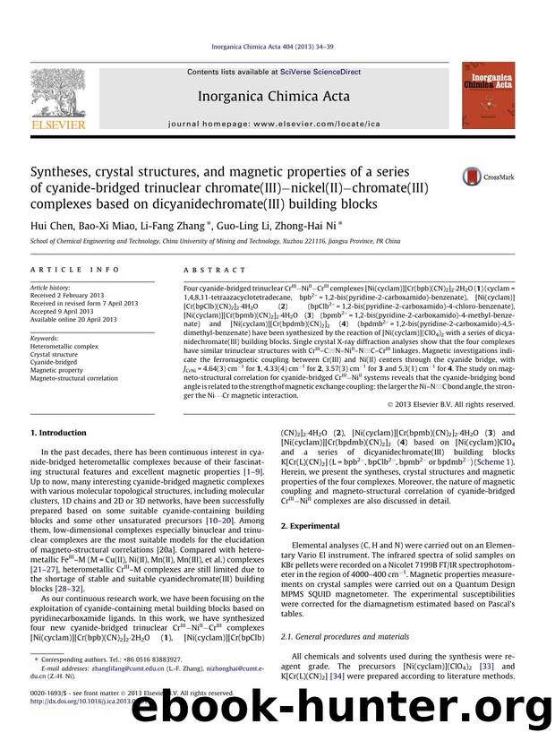 Syntheses, crystal structures, and magnetic properties of a series of cyanide-bridged trinuclear chromate(III)Ã¢Ëânickel(II)Ã¢Ëâchromate(III) complexes based on dicyanidechro by Hui Chen & Bao-Xi Miao & Li-Fang Zhang & Guo-Ling Li & Zhong-Hai Ni