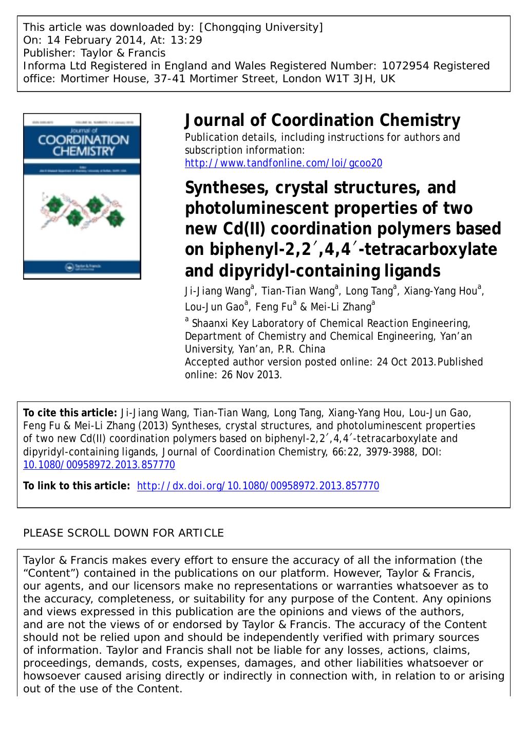 Syntheses, crystal structures, and photoluminescent properties of two new Cd(II) coordination polymers based on biphenyl-2,2â²,4,4â²-tetracarboxylate and dipyridyl-containing ligands by Ji-Jiang Wang & Tian-Tian Wang & Long Tang & Xiang-Yang Hou & Lou-Jun Gao & Feng Fu & Mei-Li Zhang
