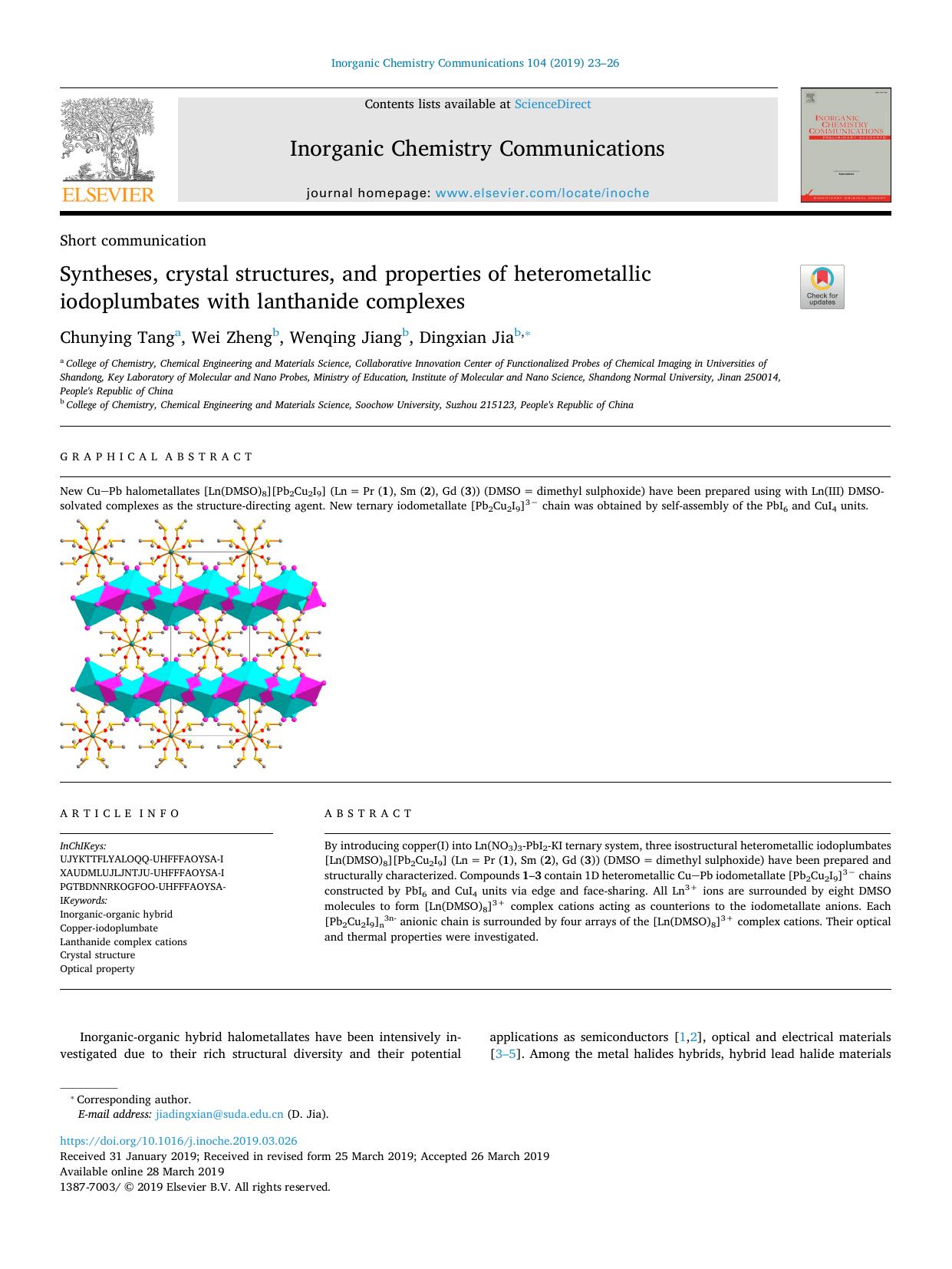 Syntheses, crystal structures, and properties of heterometallic iodoplumbates with lanthanide complexes by Chunying Tang