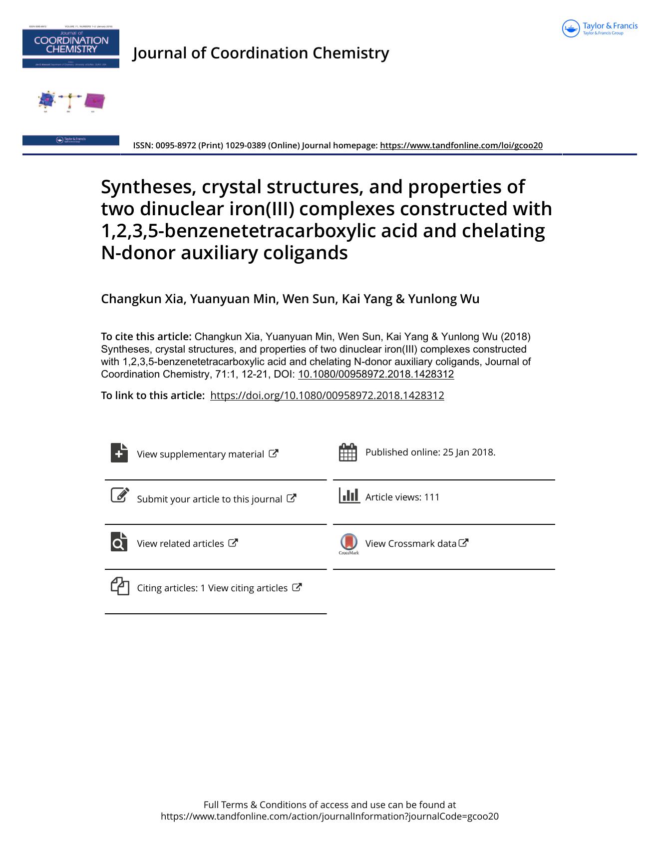 Syntheses, crystal structures, and properties of two dinuclear iron(III) complexes constructed with 1,2,3,5-benzenetetracarboxylic acid and chelating N-donor auxiliary coligands by Changkun Xia & Yuanyuan Min & Wen Sun & Kai Yang & Yunlong Wu