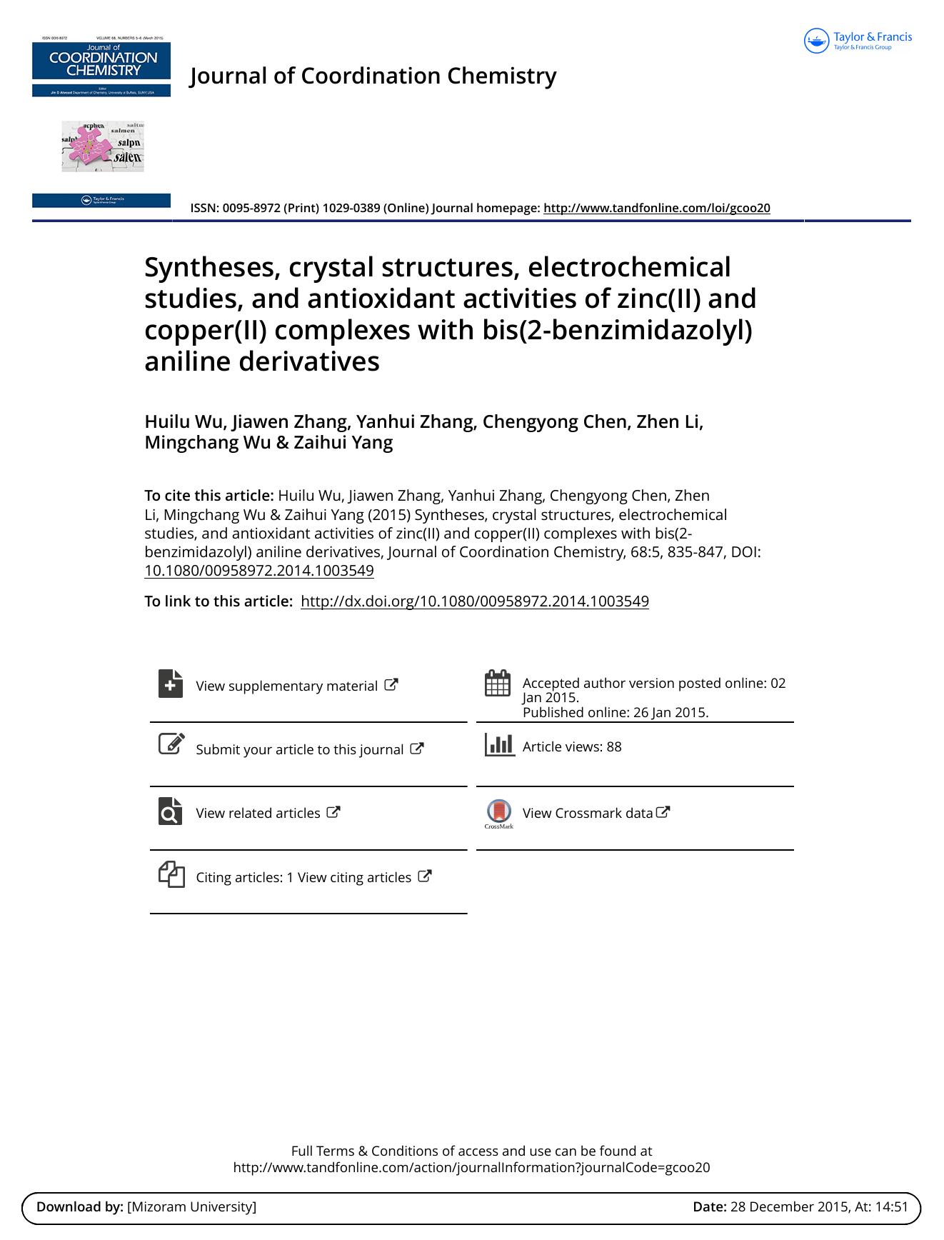 Syntheses, crystal structures, electrochemical studies, and antioxidant activities of zinc(II) and copper(II) complexes with bis(2-benzimidazolyl) aniline derivatives by Huilu Wu