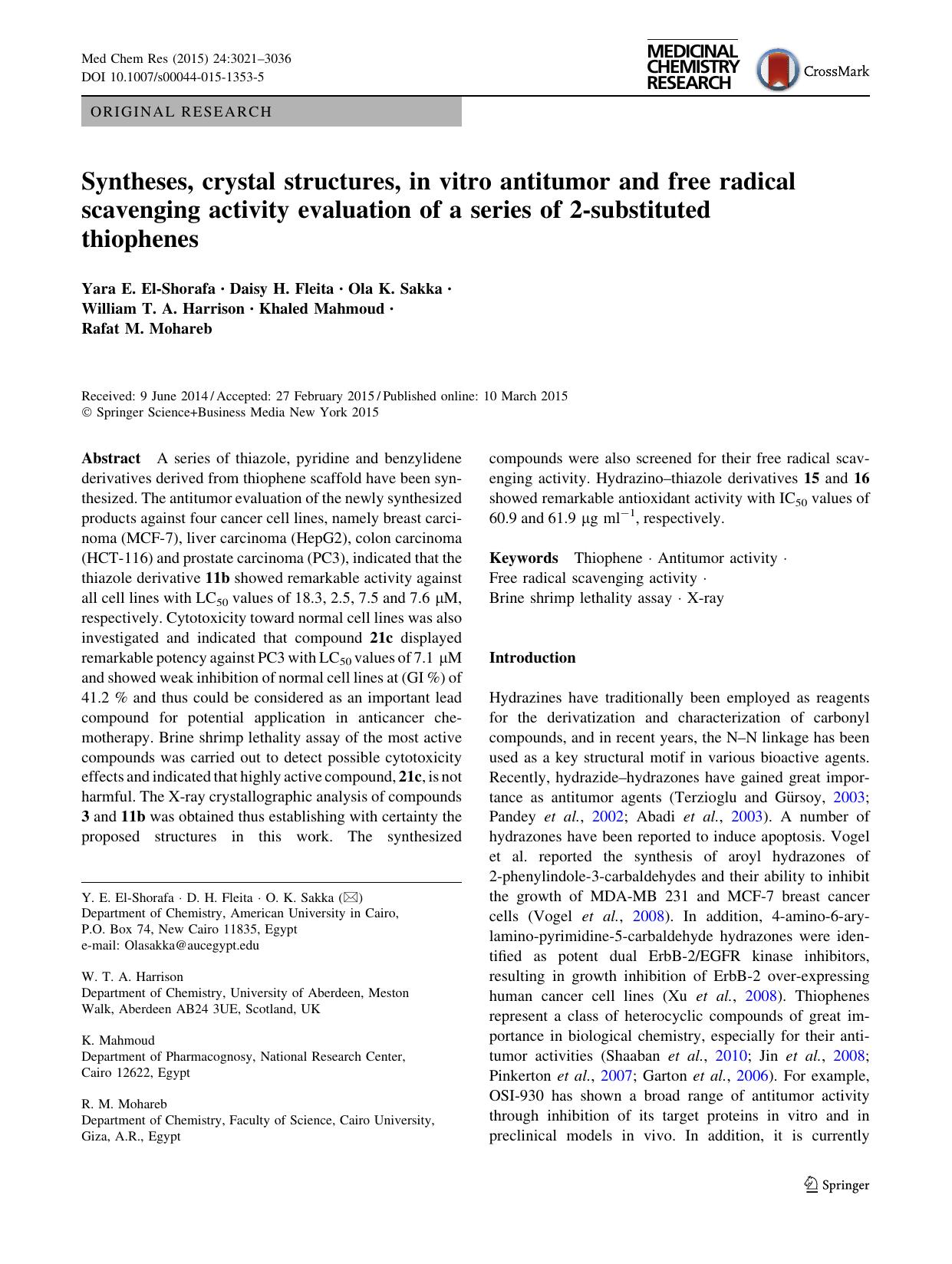 Syntheses, crystal structures, in vitro antitumor and free radical scavenging activity evaluation of a series of 2-substituted thiophenes by unknow