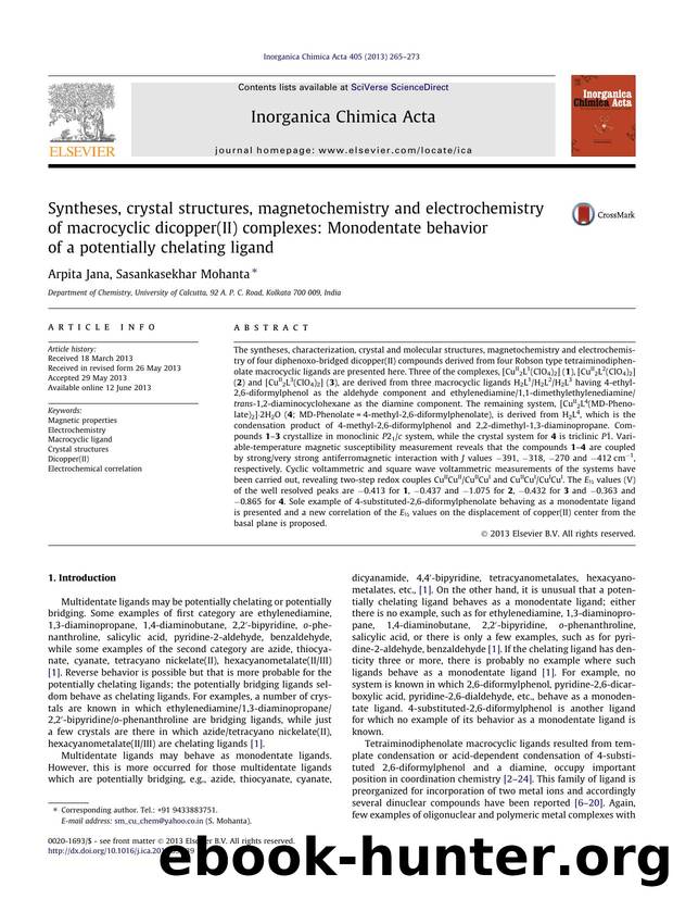 Syntheses, crystal structures, magnetochemistry and electrochemistry of macrocyclic dicopper(II) complexes: Monodentate behavior of a potentially chelating ligand by Arpita Jana & Sasankasekhar Mohanta