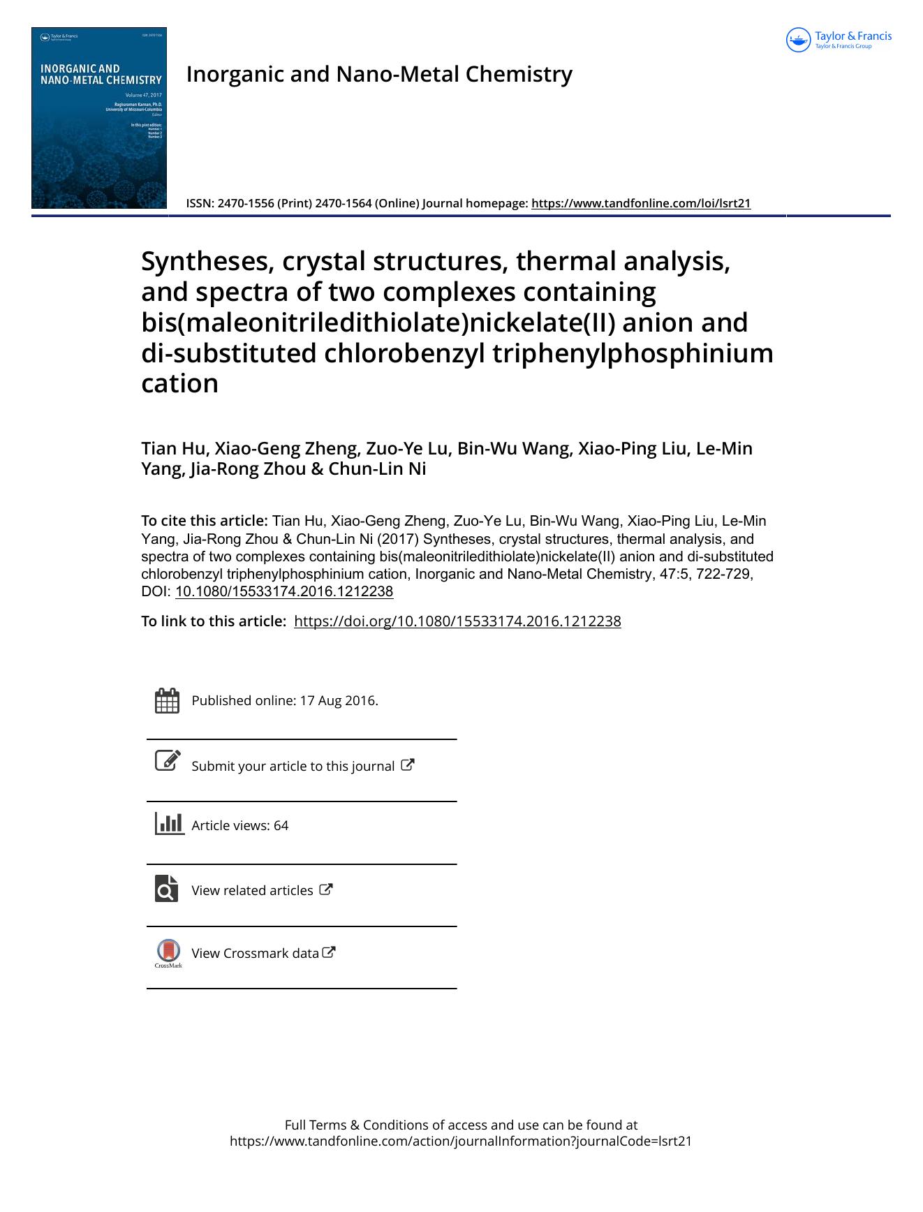 Syntheses, crystal structures, thermal analysis, and spectra of two complexes containing bis\(maleonitriledithiolate\)nickelate\(II\) anion and di-substituted chlorobenzyl triphenylphosphinium cation by unknow