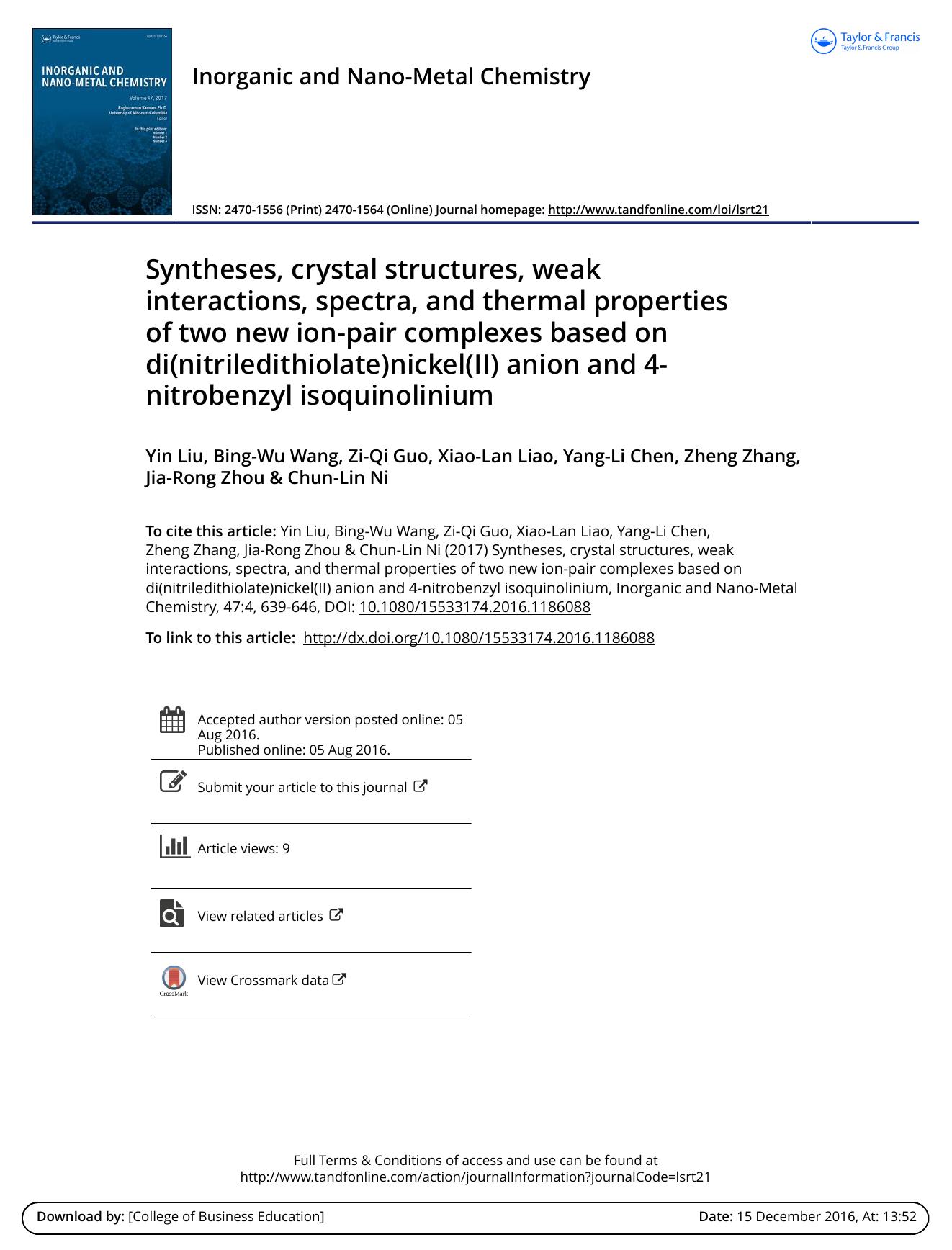 Syntheses, crystal structures, weak interactions, spectra, and thermal properties of two new ion-pair complexes based on di\(nitriledithiolate\)nickel\(II\) anion and 4-nitrobenzyl isoquinolinium by unknow